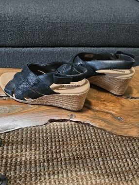 Clarks Black Wedge Sandals with Braided Espadrille Heel - Women's 9.5 M
